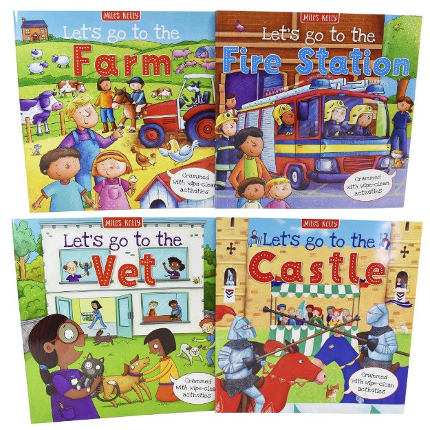 Let's Go to the Wipe Clean Collection Set 4 Books- Fire Station, Castle, Farm, Vet (4 Books)